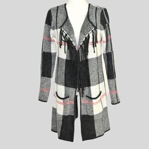 ADRIENNE VITTADINI Women's Open Front Plaid Knit Fringe Jacket Size M